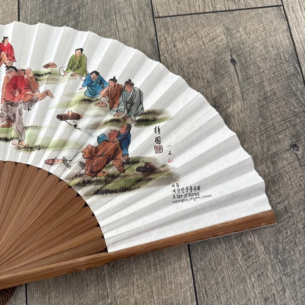 A Fan of Korea Ssireum Korean Wrestling Folding Fan Bamboo Paper Kim Hong-do Art